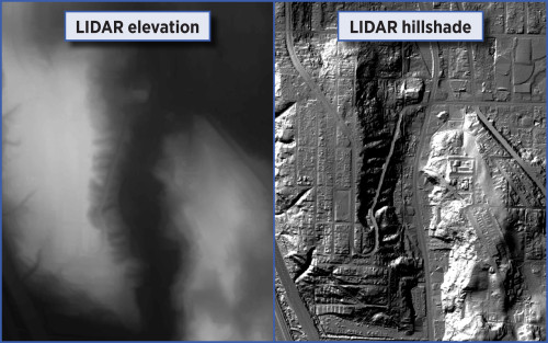 LiDAR elevation and hillshade