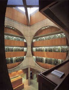 Figure 15: View of atrium.  Note the unobstructed views to most other parts of the library, and the natural light reaching the temporary reading shelf.