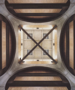 Figure 12: Exeter Library, atrium looking up at cross-brace and clerestory.  