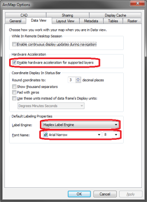 ArcMap options <em>Data View</em> tab