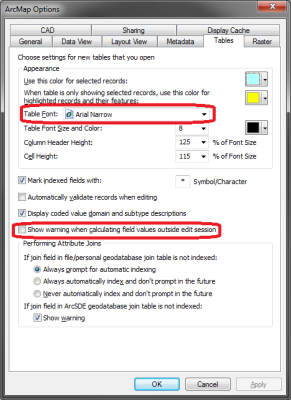 ArcMap options Tables tab