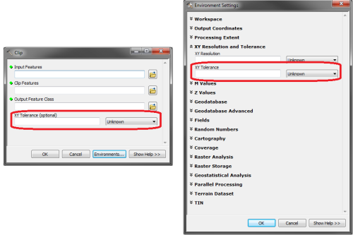 The <em>XY Tolerance</em> setting in the Clip tool overrides the same setting in the Environments window